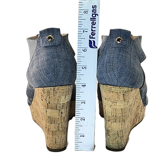 Michael Kors Blue Cork Wedge Sandal Platform Zip Back Washed Denim Size 9.5M - Picture 8 of 8